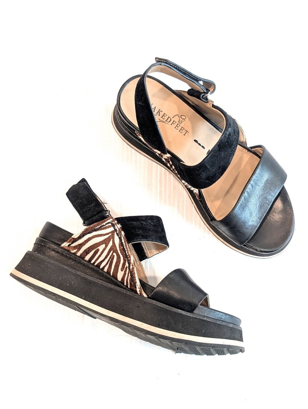 NAKED FEET Dimension Platform Black Leather Sandals with Calf Hair Zebra Accent
